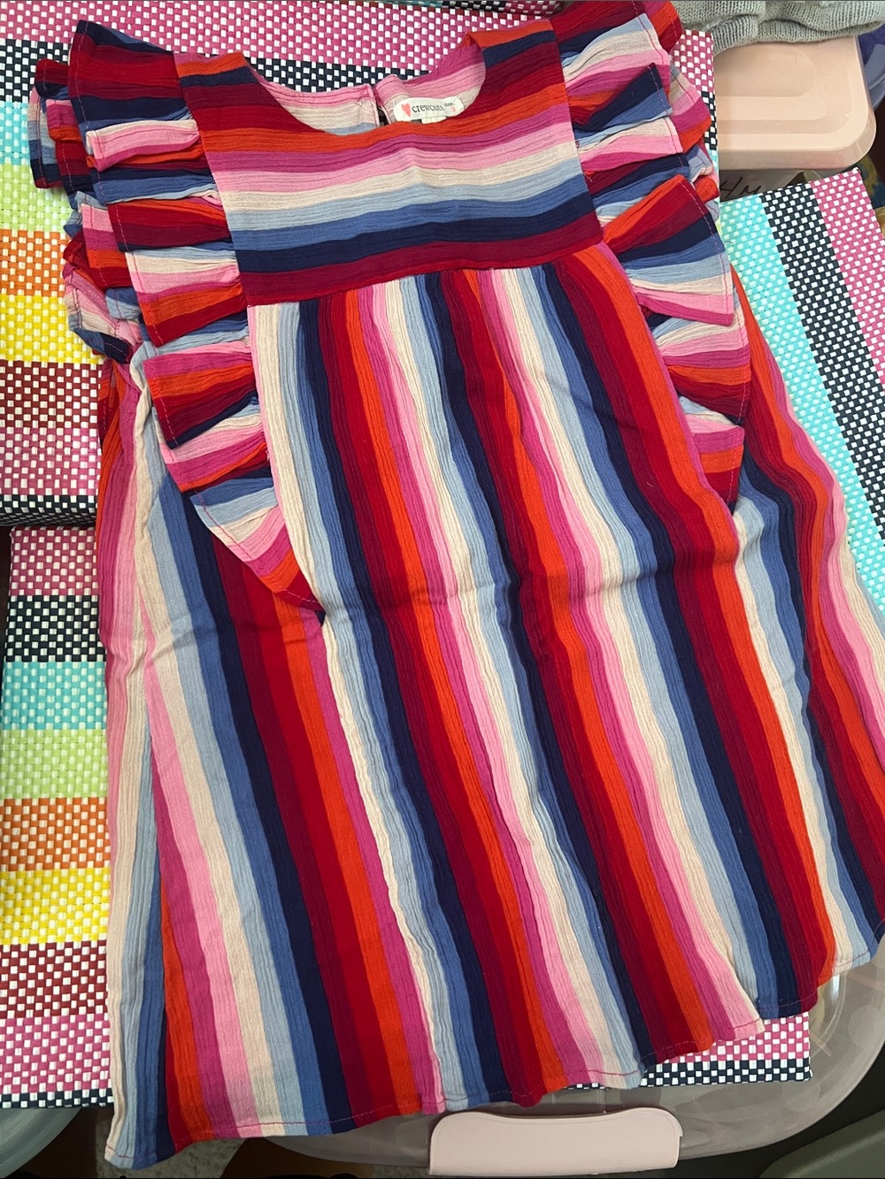 Crewcuts Girls Multicolor Stripe Ruffle Sleeve Dress - Red, Pink, Blue, White